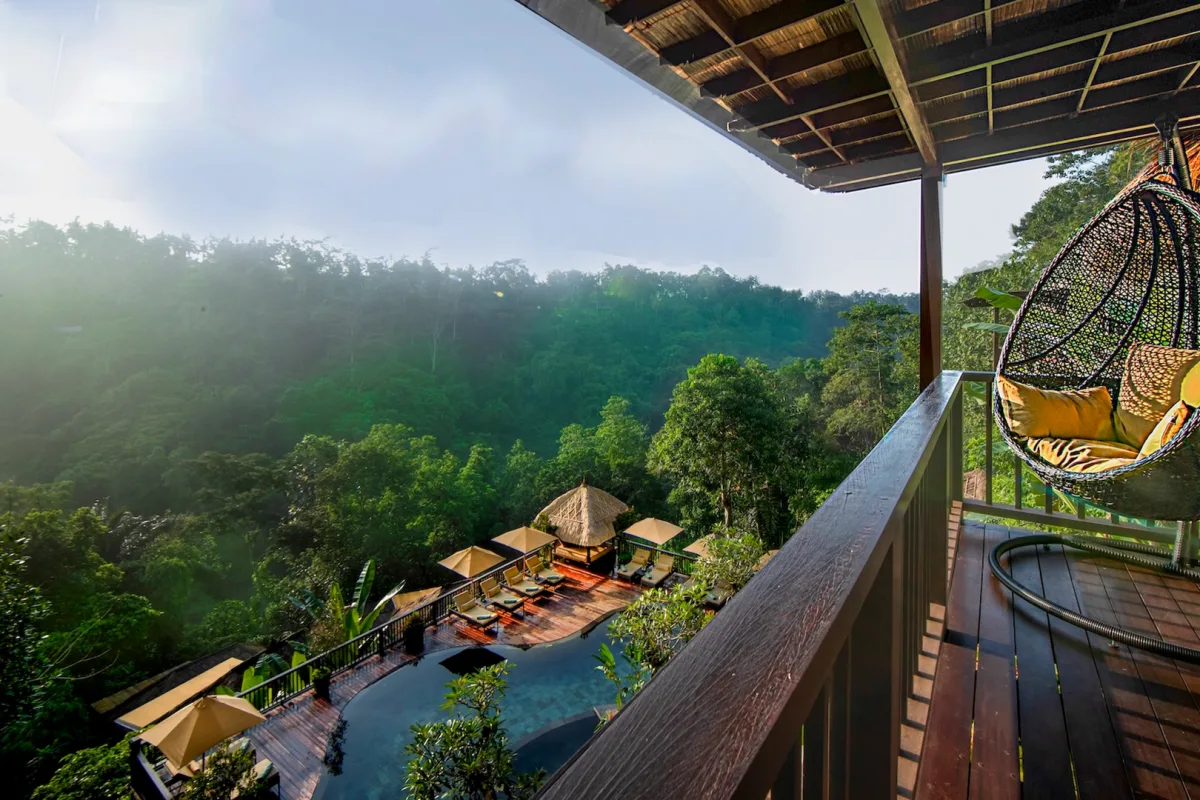 Private balcony of the Panoramic Jungle View Villa with jungle and river valley views in Ubud, Bali