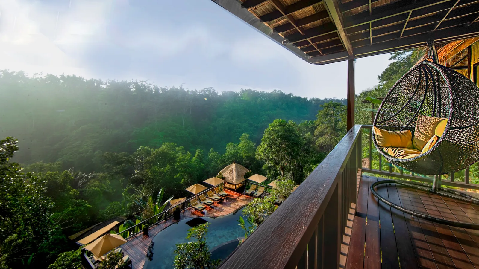 Private balcony of the Panoramic Jungle View Villa with jungle and river valley views in Ubud, Bali