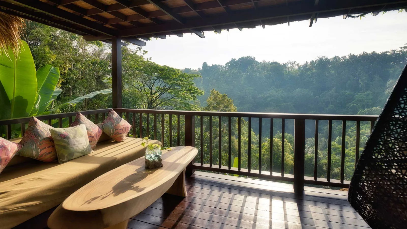 Private jungle villa terrace at Nandini Jungle by Hanging Gardens overlooking the Ubud rainforest valley